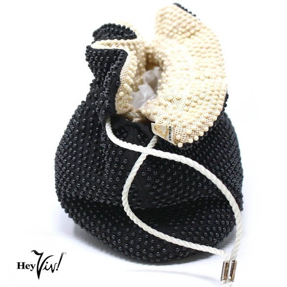 Vintage Reversible Black Ivory Beaded Purse Lee British Hong Kong - Hey Viv - Picture 4 of 7